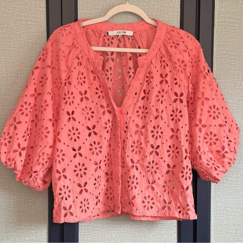 Joe’s Jeans 100% Cotton Eyelet Lace Blousen Sleeve Top, Peach Pink, NWOT, Size L - Picture 2 of 9